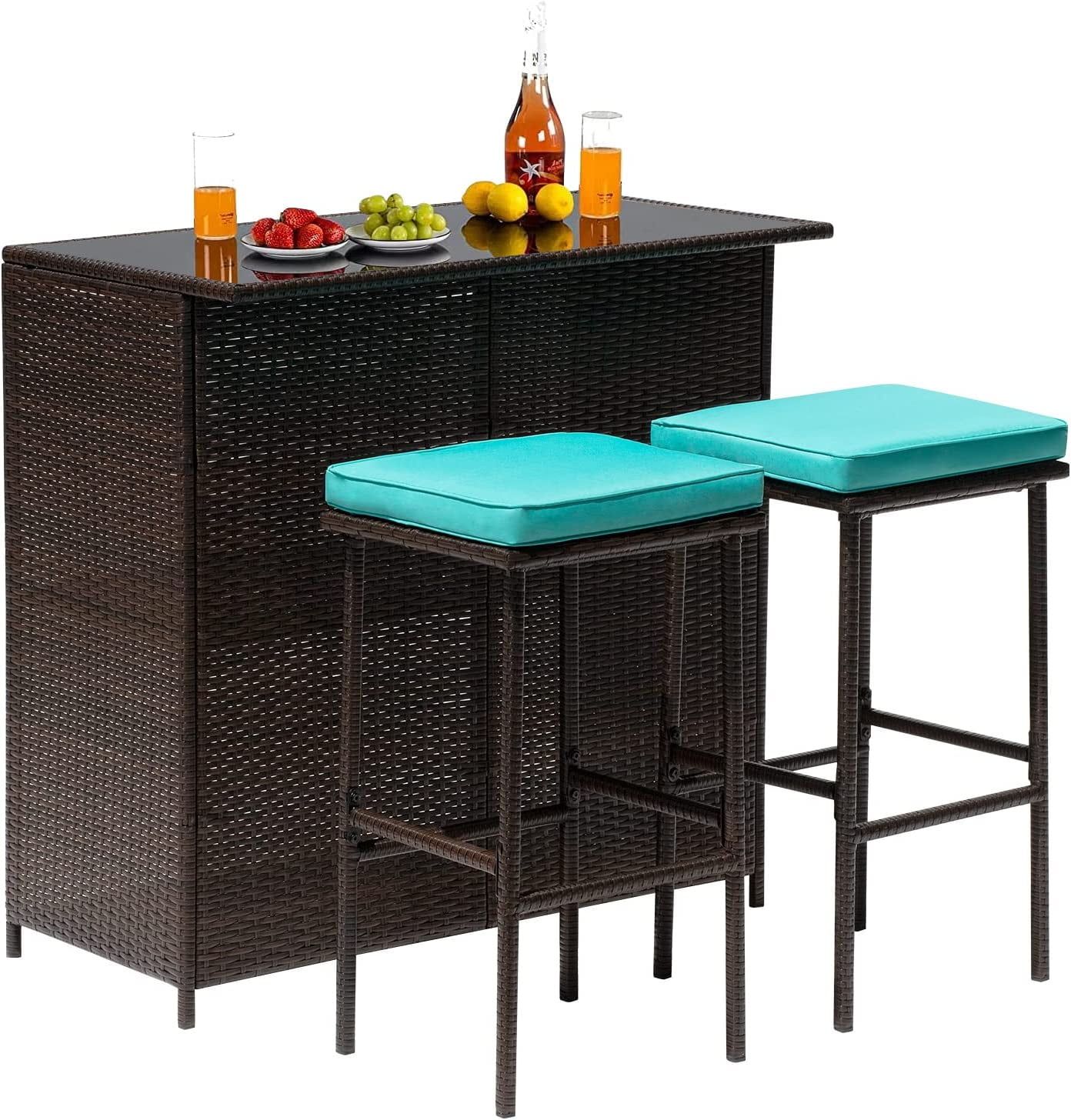 3-Piece Blue Cushion Wicker Outdoor Bar Set with Glass Top