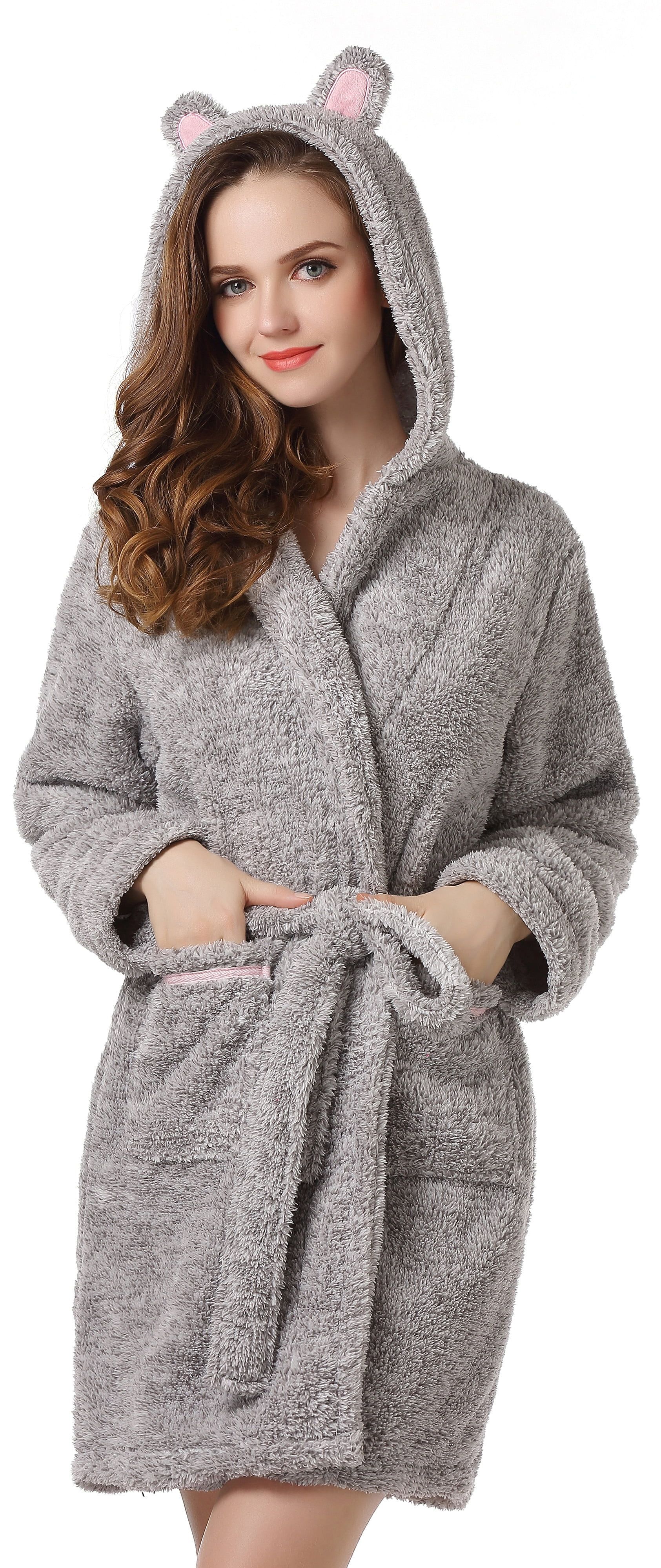 Soft Gray Fleece Bathrobe with Hood and Ears