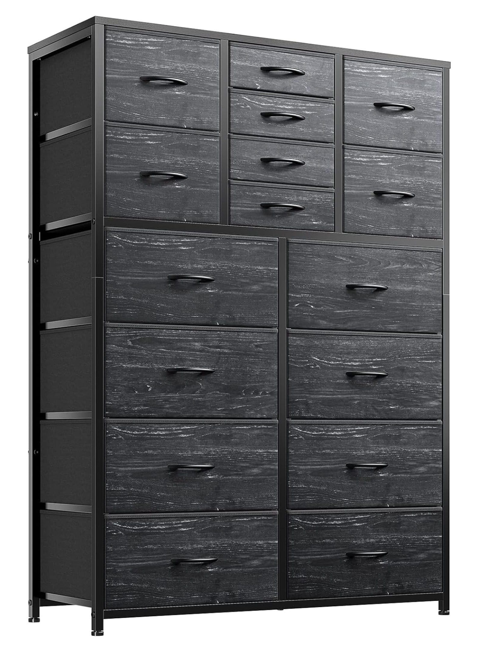 Tall Black Wood and Metal 16-Drawer Dresser with Levelers