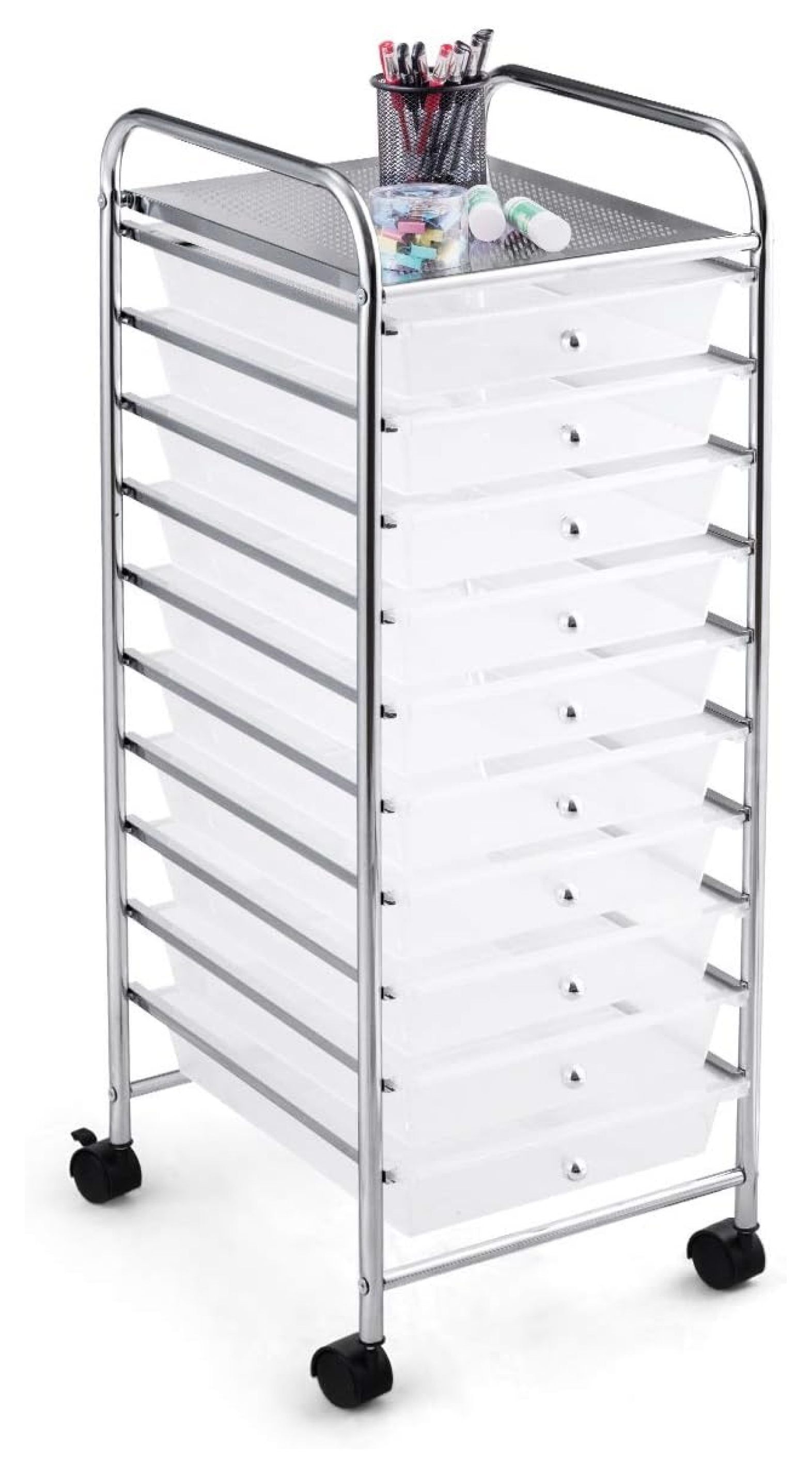 Clear 10-Drawer Mobile Storage Cart with Chrome Frame