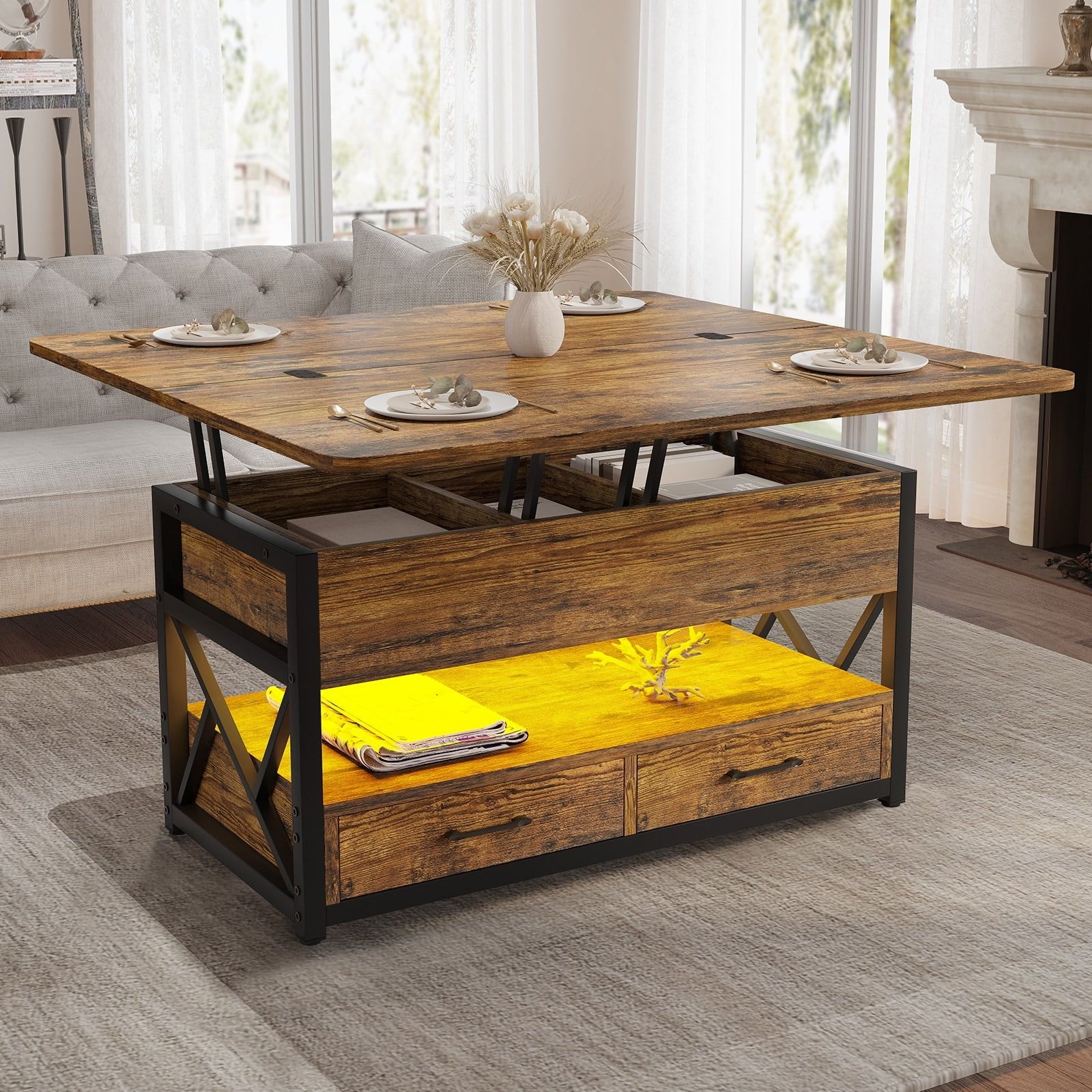 Rustic Brown Lift-Top Coffee Table with Storage and LED Lights