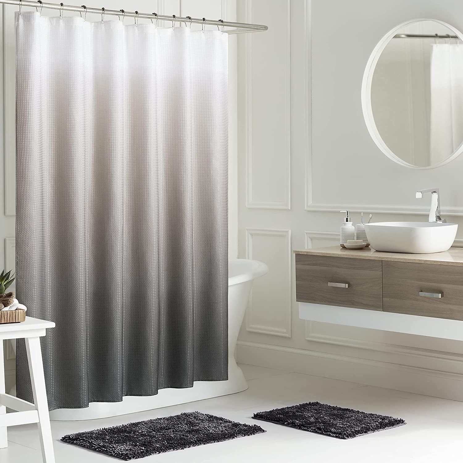 Ombre Gray and White Polyester Shower Curtain Set with Chenille Bathmats