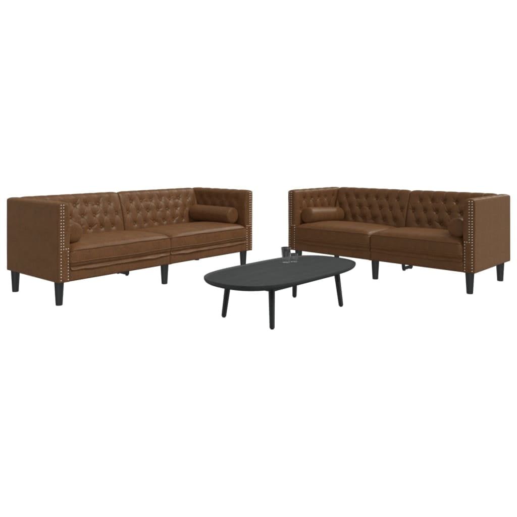 Brown Faux Suede Chesterfield Sofa Set with Bolsters