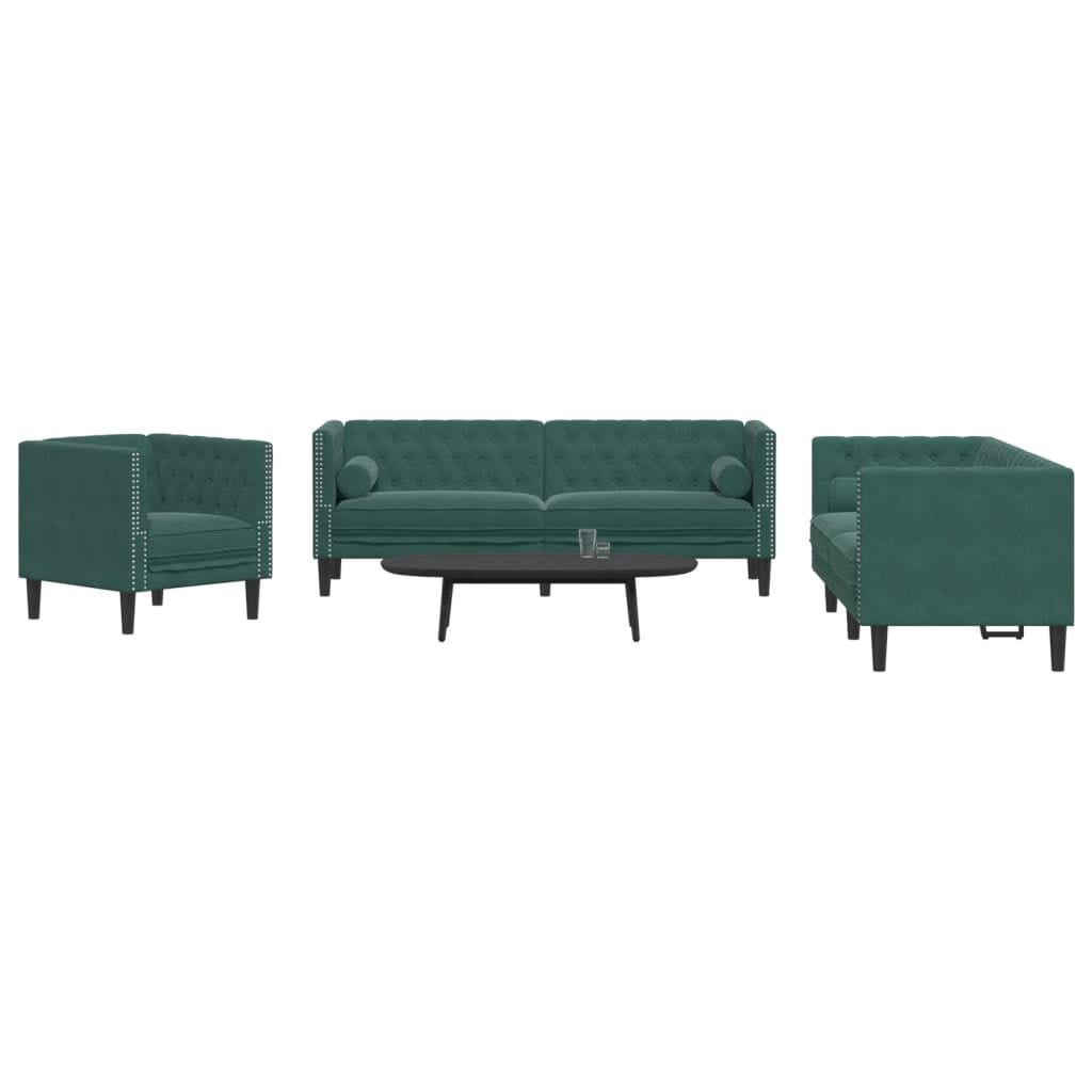 Chesterfield Dark Green Velvet 3-Piece Sofa Set with Bolsters