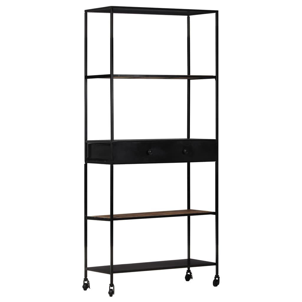 Industrial Rough Mango Wood and Iron 4-Shelf Bookcase with Drawer