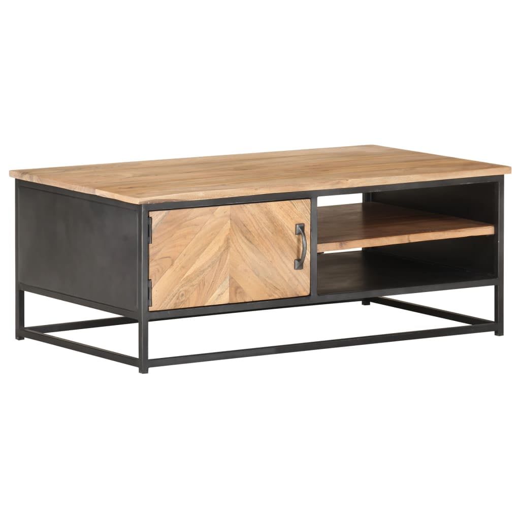 Rectangular Light Wood and Black Metal Coffee Table