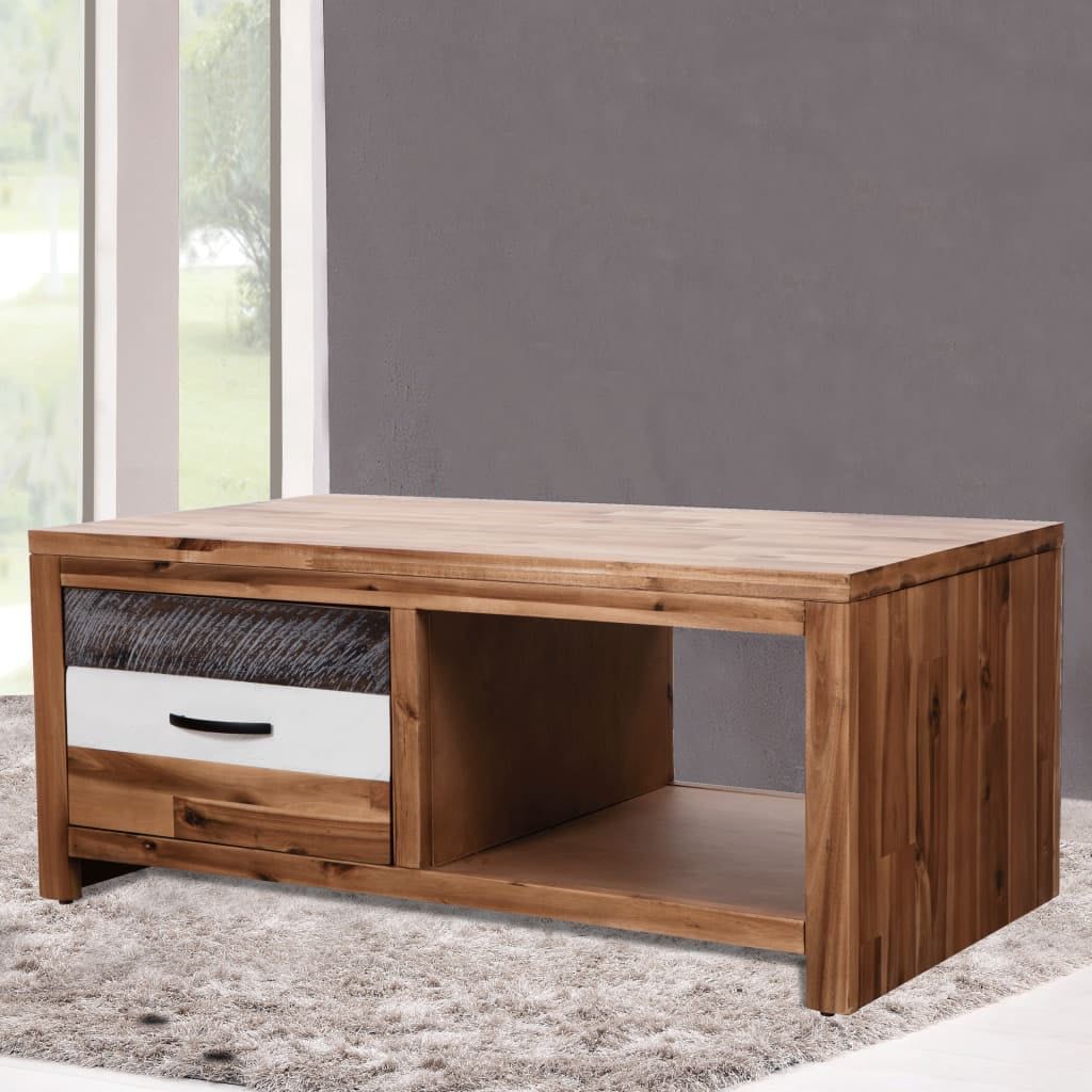 Acacia Wood Coffee Table with Contrasting Drawer and Shelf