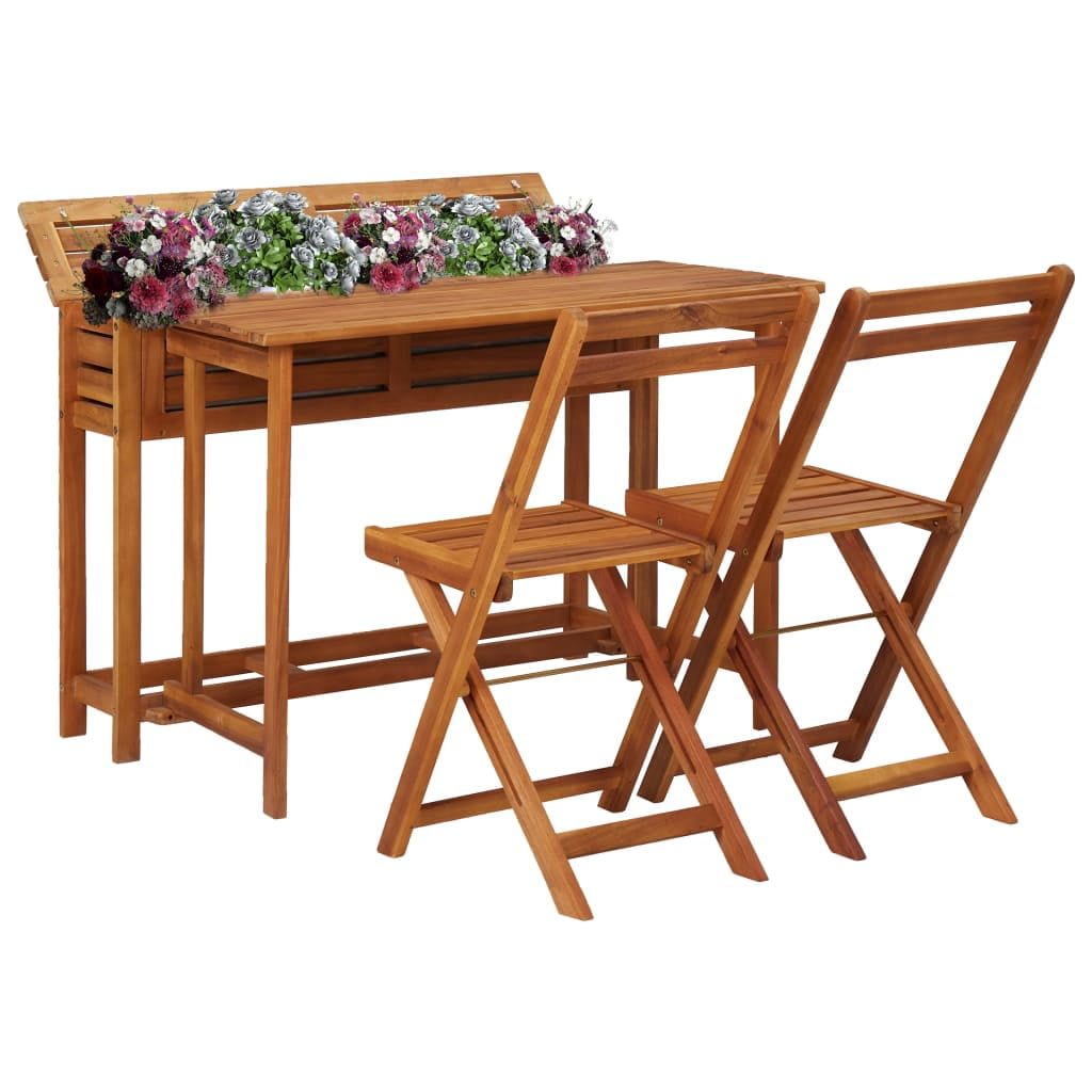 Acacia Wood Garden Planter Table & Bistro Chair Set with Zinc Pot