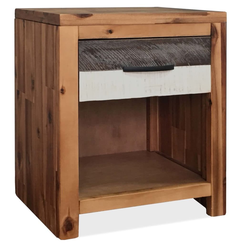 Solid Acacia Wood Nightstand with Black and White Drawer Front