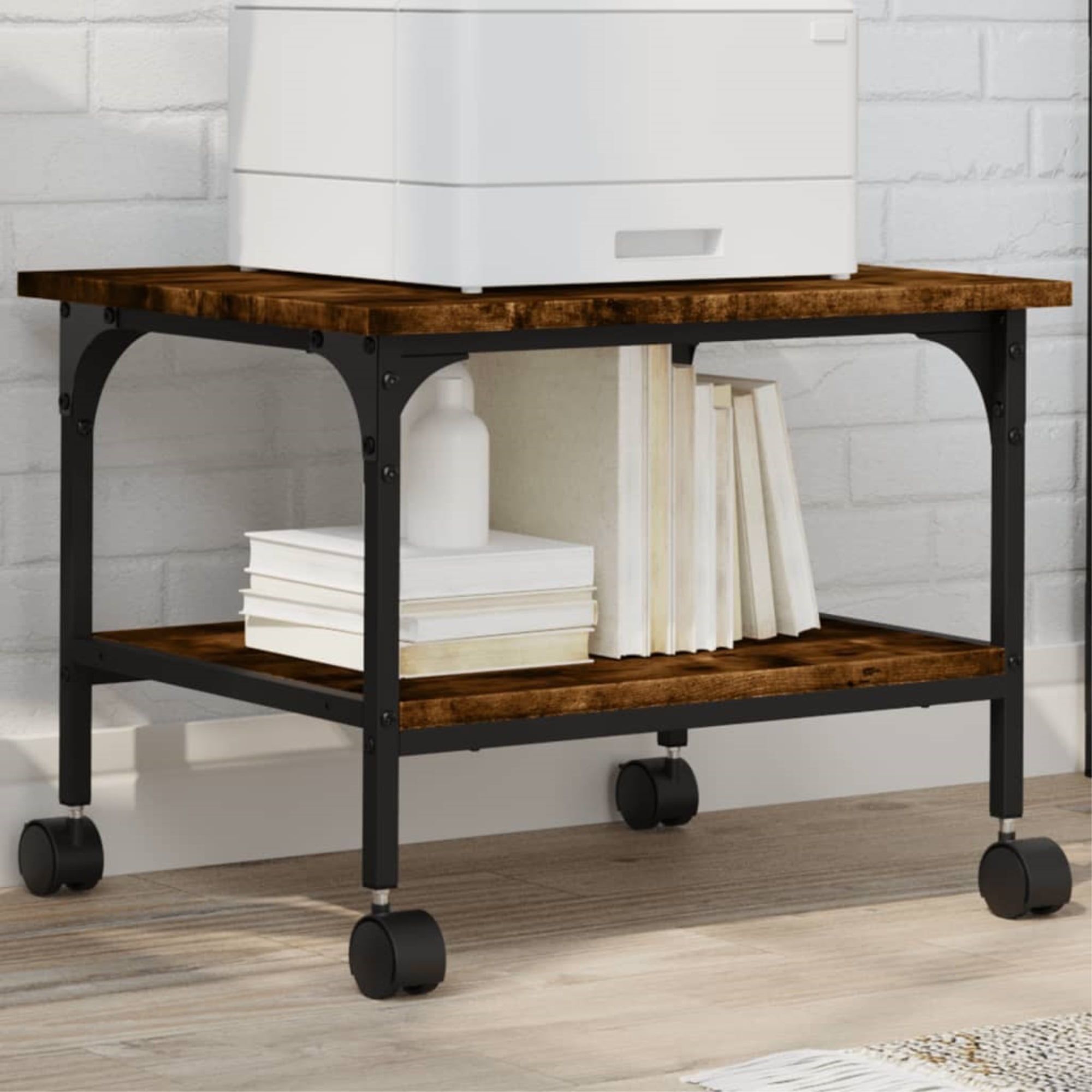 Smoked Oak and Black 2-Tier Printer Stand with Wheels