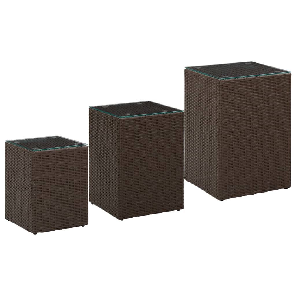 Trio of Elegance: Brown Poly Rattan Side Tables with Glass Tops