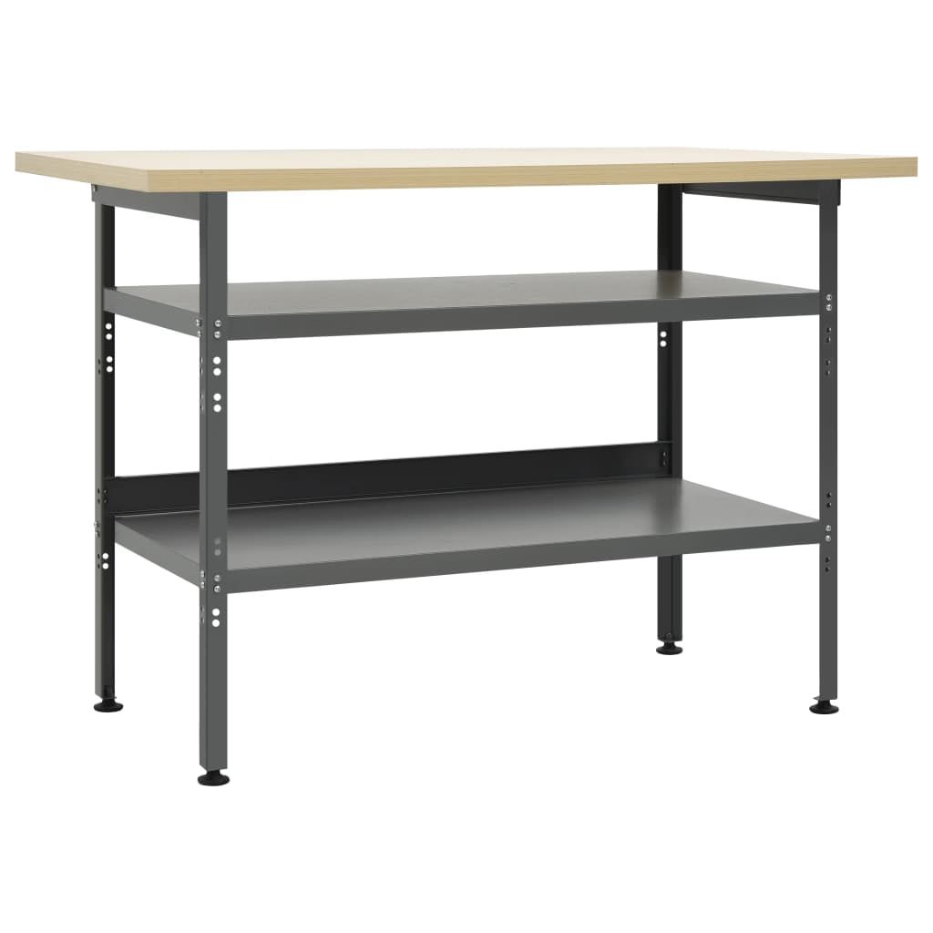 Sturdy Gray Steel Workbench with Adjustable Height and Storage Shelves