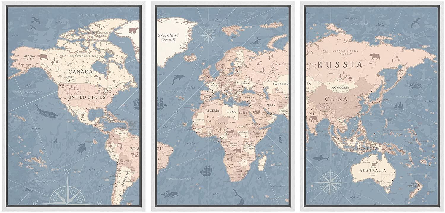White Framed Geometric World Map Canvas Print Set