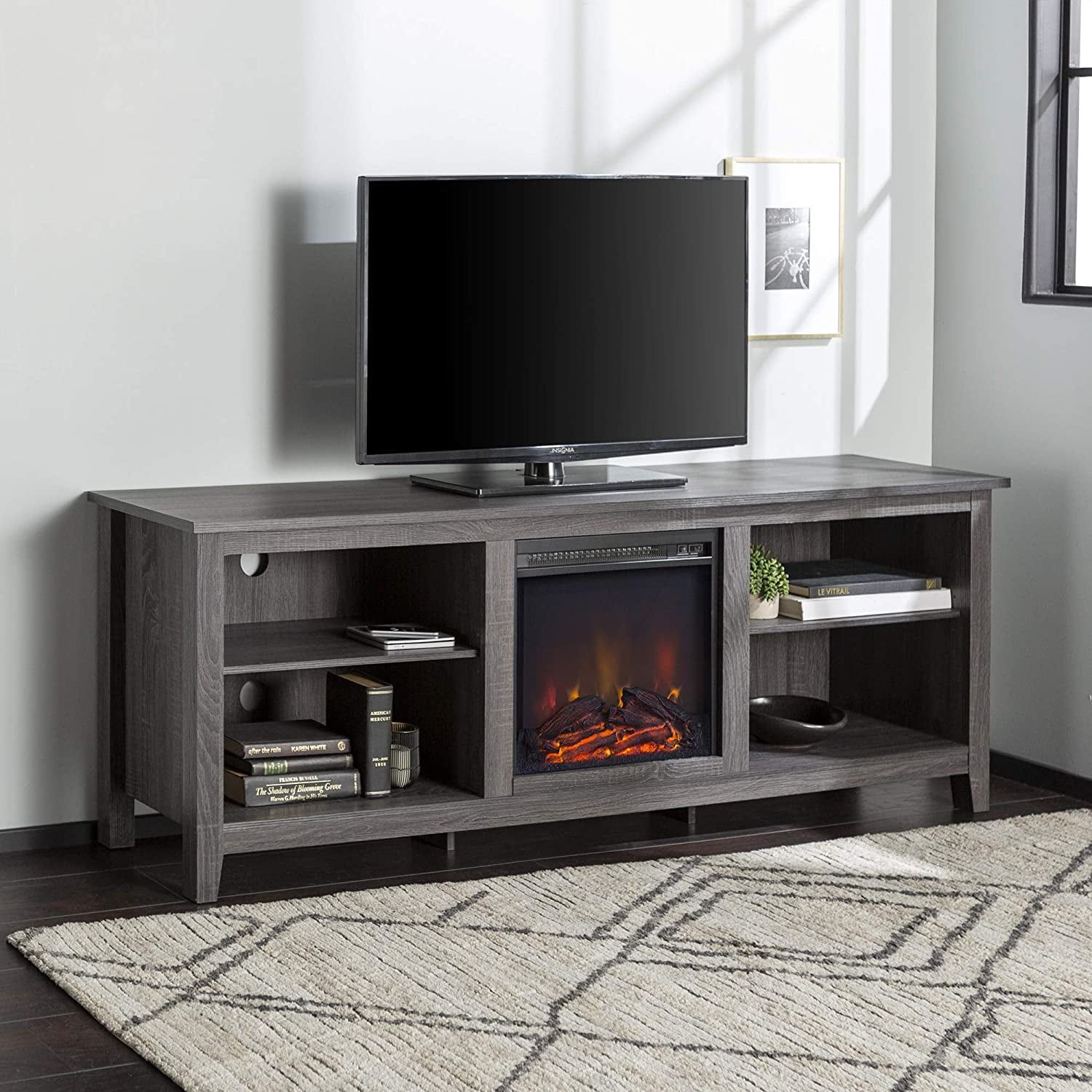 Charcoal 70" Wood Media TV Stand with Electric Fireplace and Adjustable Shelves