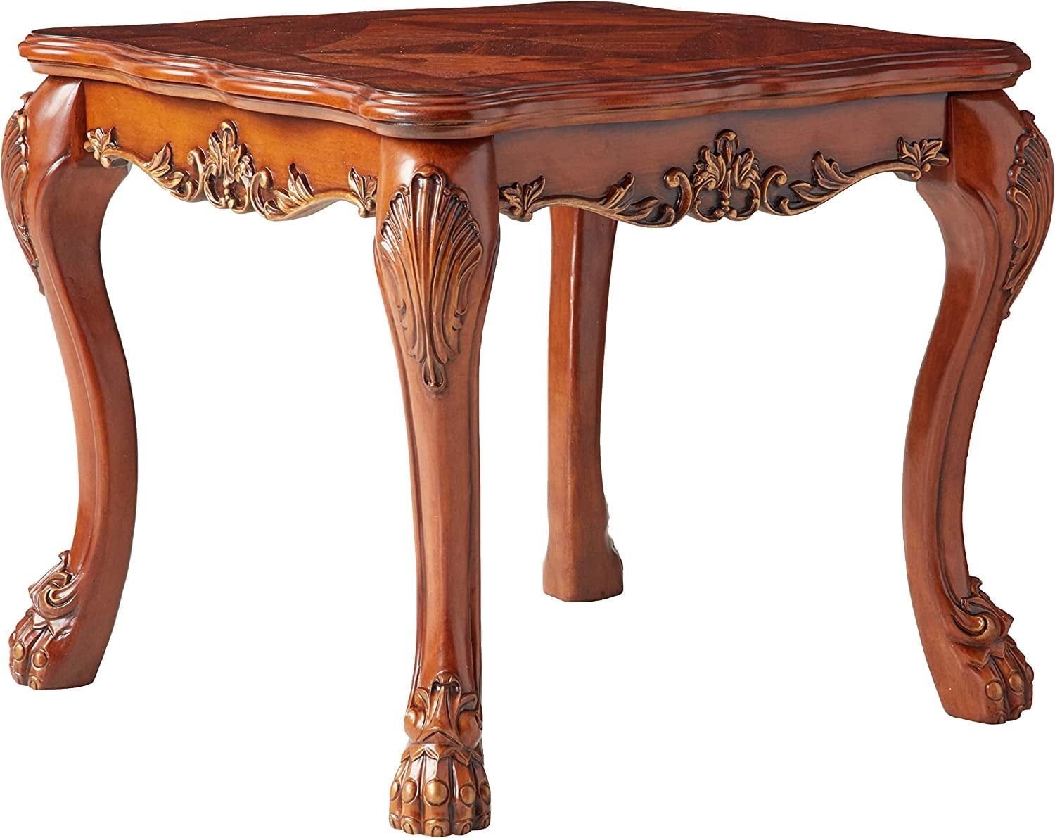 Cherry Oak Finished Wooden End Table with Carved Details