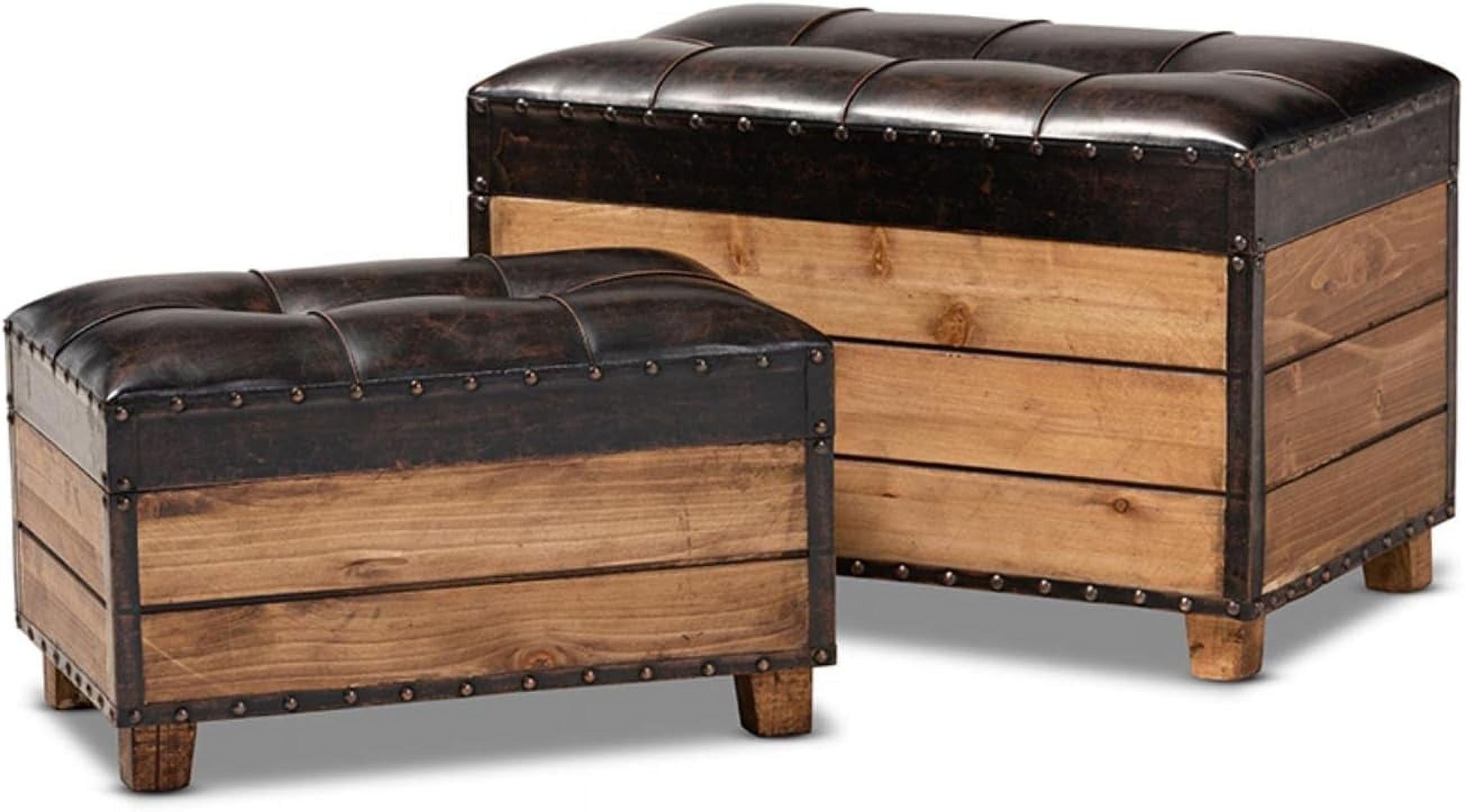 Rustic Dark Brown Faux Leather Tufted Trunk Ottoman Set