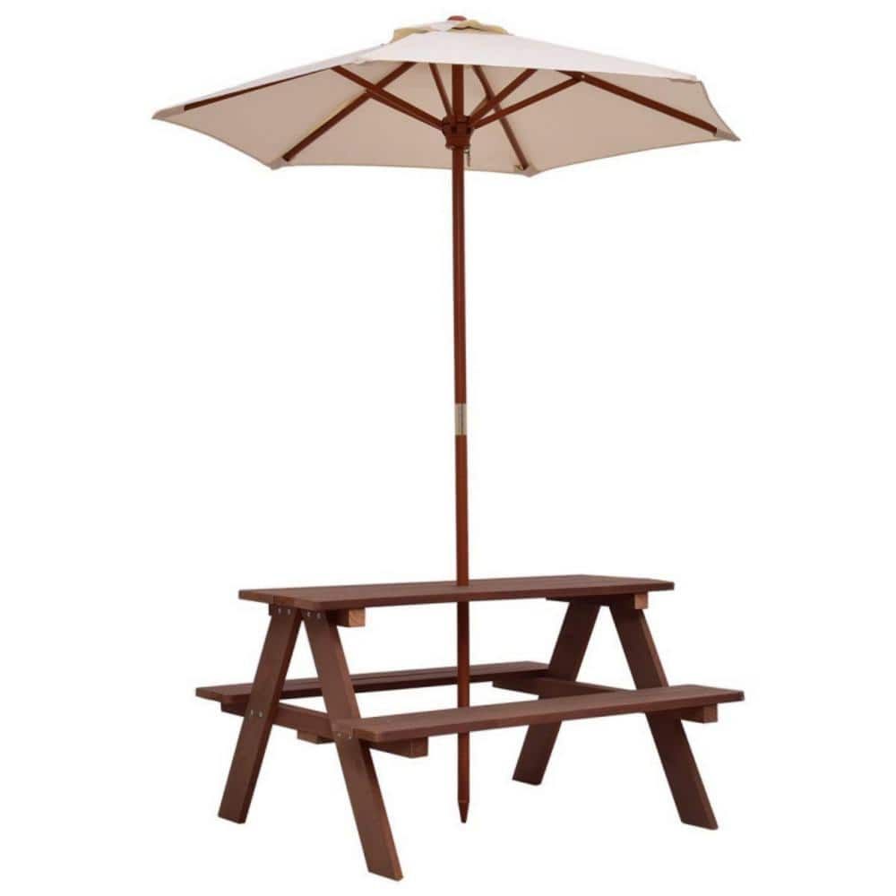 Brown Wooden Kids Picnic Table with Umbrella and Bench