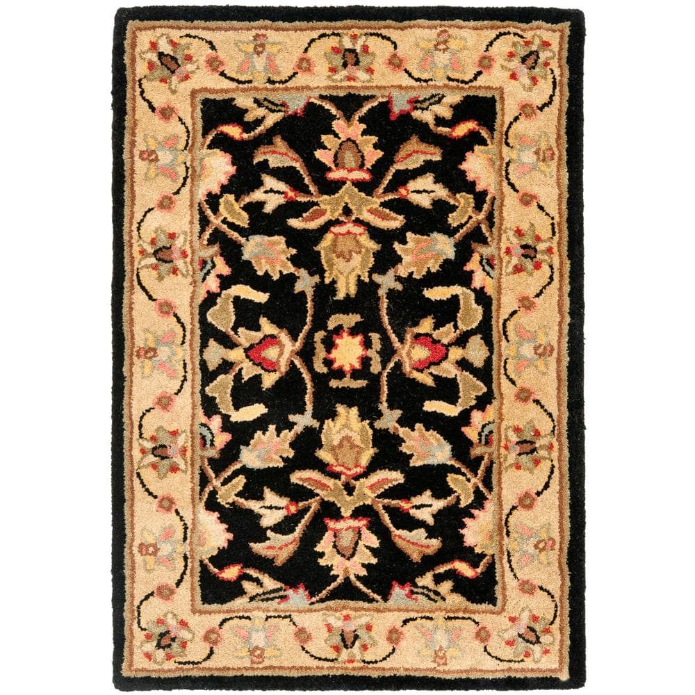 Handmade Black Floral Wool Rectangular Rug 27" x 4"
