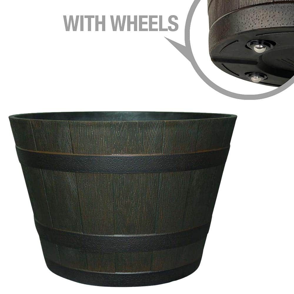 22.5" Brown Resin Whiskey Barrel Outdoor Planter with Wheels