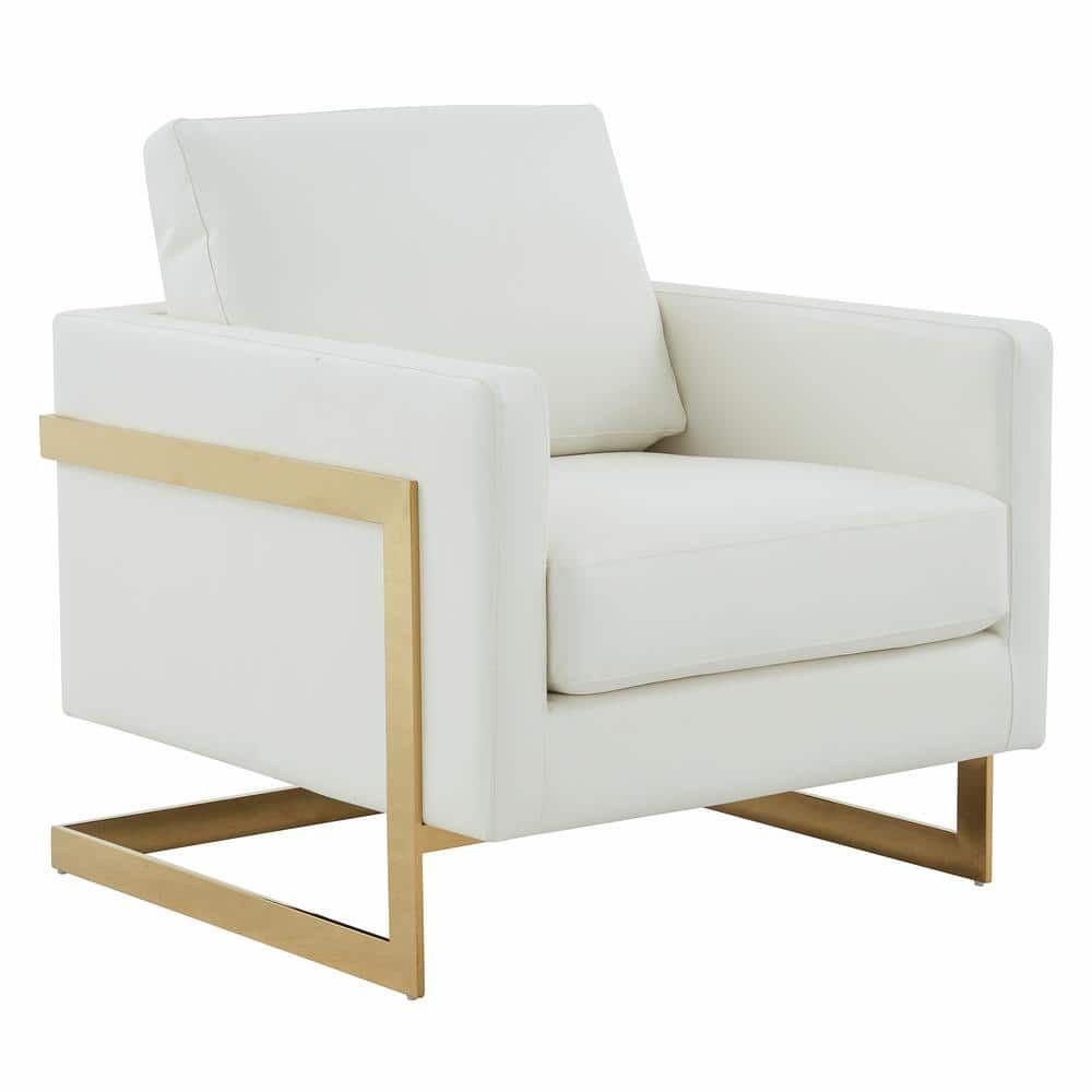 Elegant White Leather Accent Chair with Gold Metal Frame