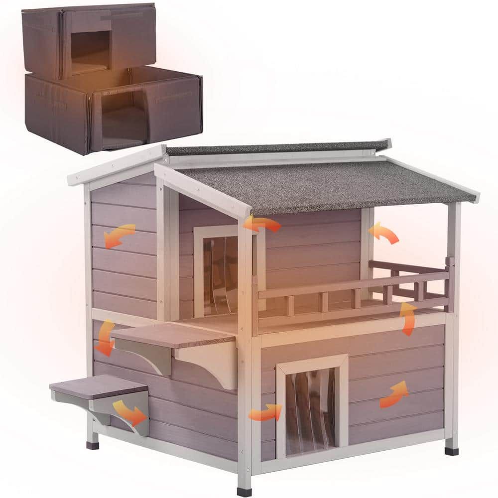 Insulated Two-Story Gray Outdoor Cat House with PVC Door