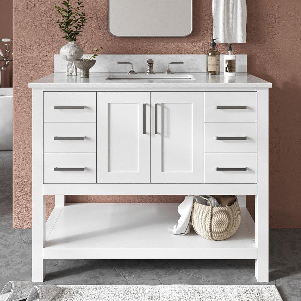 White Freestanding Vanity with Carrara Marble Countertop