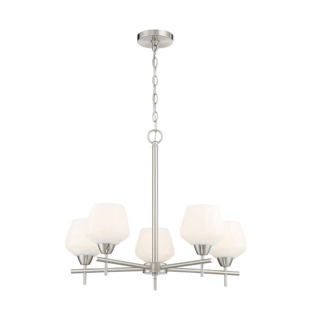 Sleek Brushed Nickel 5-Light Chandelier with Etched Opal Glass Shades