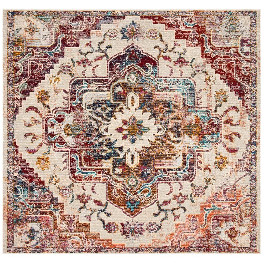 Elysian Blooms Light Blue & Burgundy Floral Synthetic Square Rug