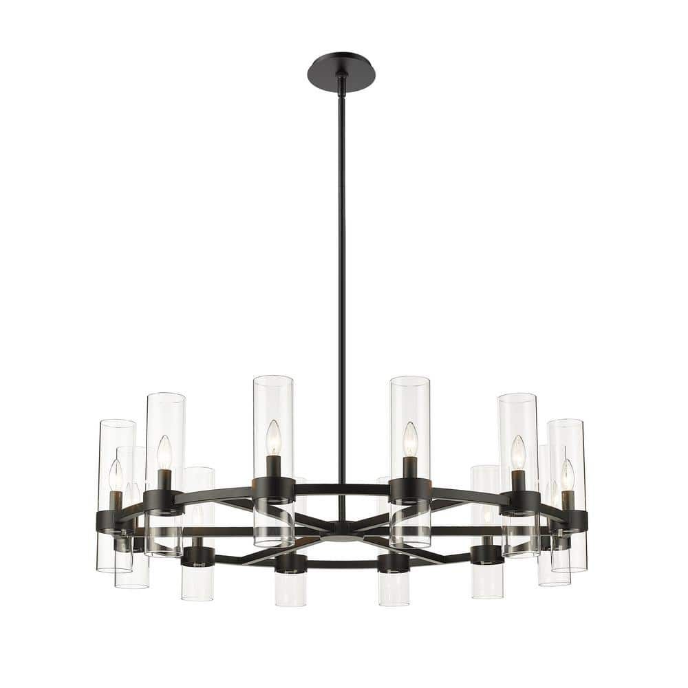 Datus Matte Black Iron Wagon Wheel Chandelier with Clear Glass Uplights