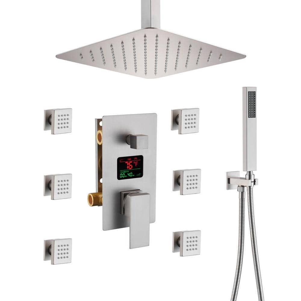 Brushed Nickel 12-inch Rain Shower System with Handheld and Body Jets