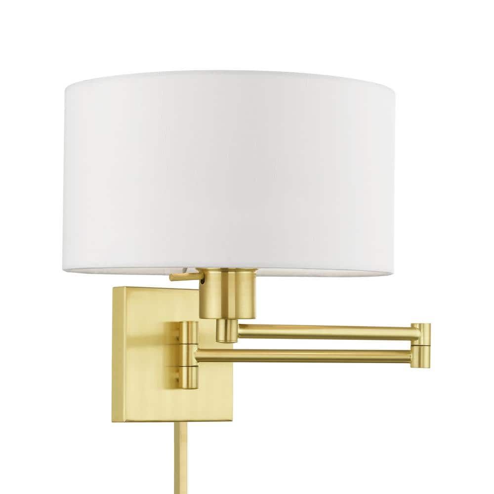 Satin Brass Swing Arm Wall Lamp with Off-White Shade