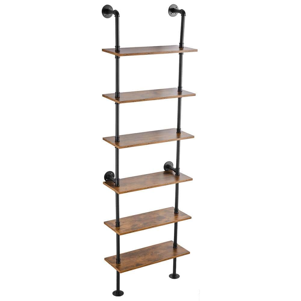 Industrial Black Metal and Wood 6-Tier Wall-Mounted Shelf