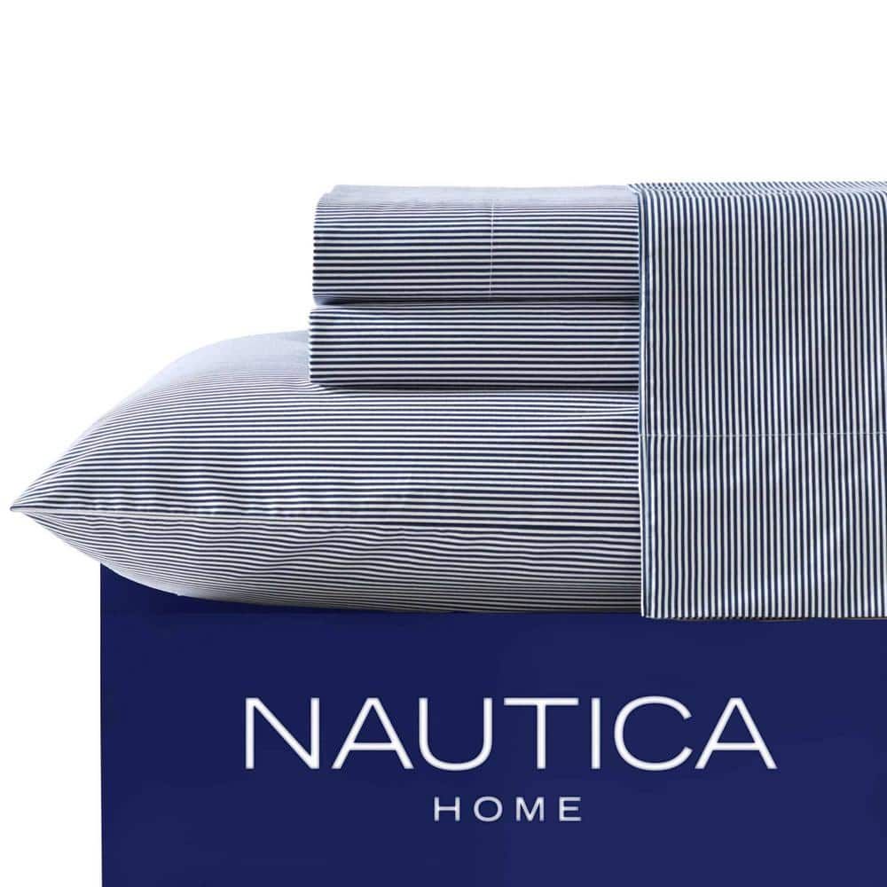 Queen Navy and White Cotton Percale Deep Pocket Bedding Set