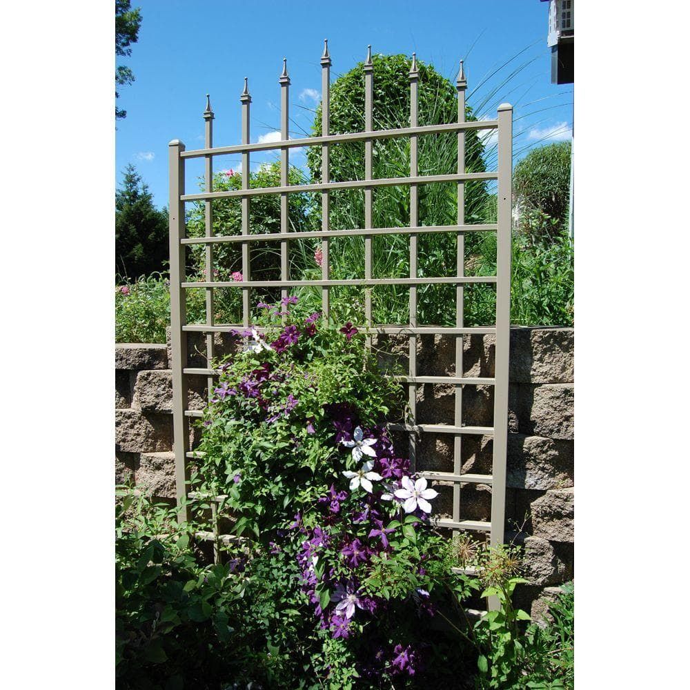 96 in. Mocha Vinyl PVC Outdoor Trellis with Decorative Finials