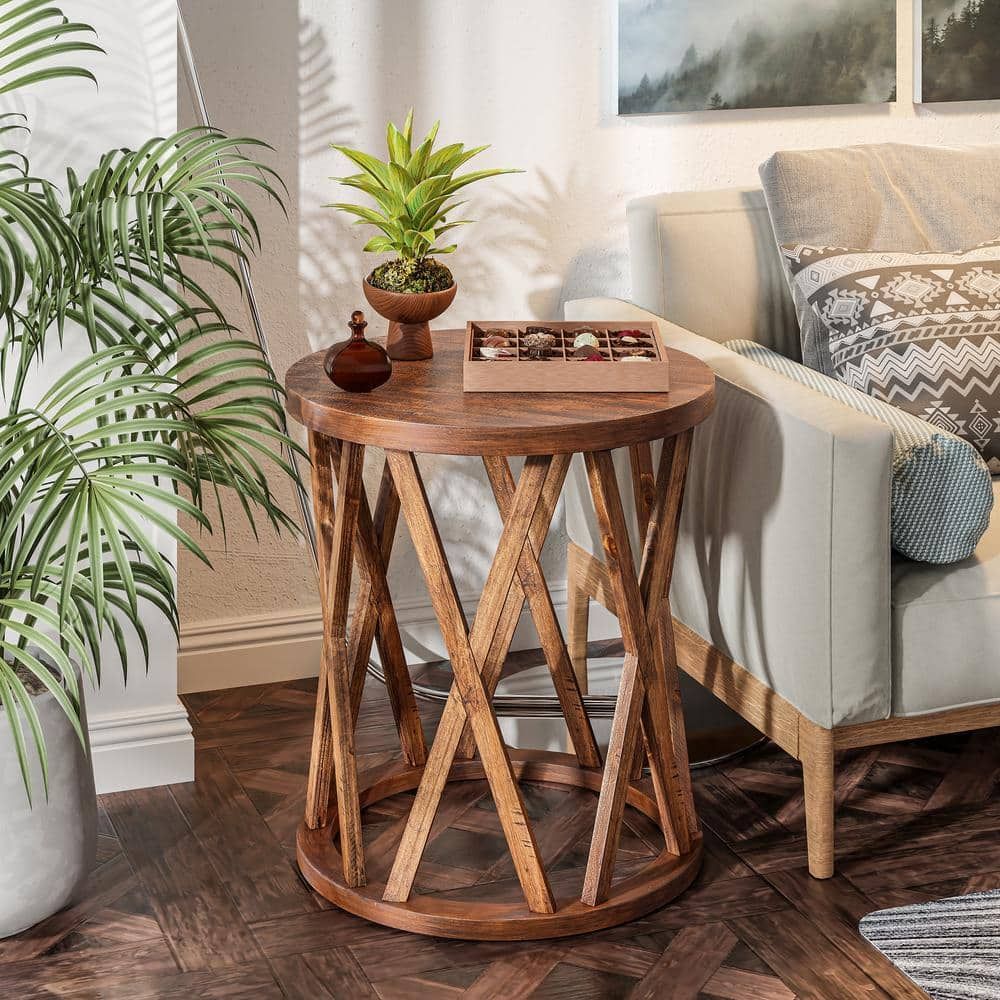 Rustic Brown Round Wood End Table with X-Motif Legs