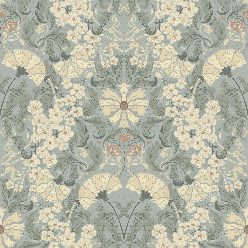 Light Blue and Beige Damask Floral Wallpaper Roll