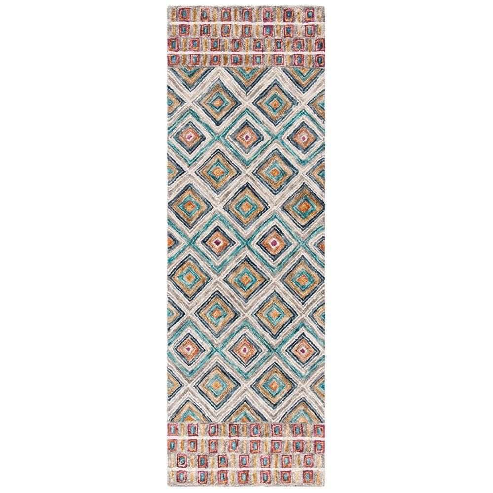 Handmade Tribal-Chic Green and Red Wool Runner Rug - 27" x 8"