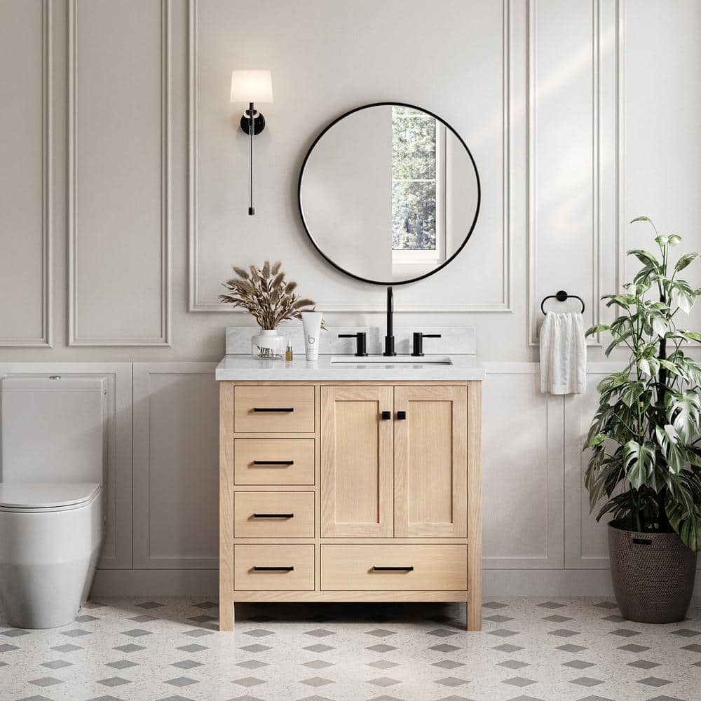 Cambridge 37'' Oak Freestanding Vanity with Carrara Marble Top