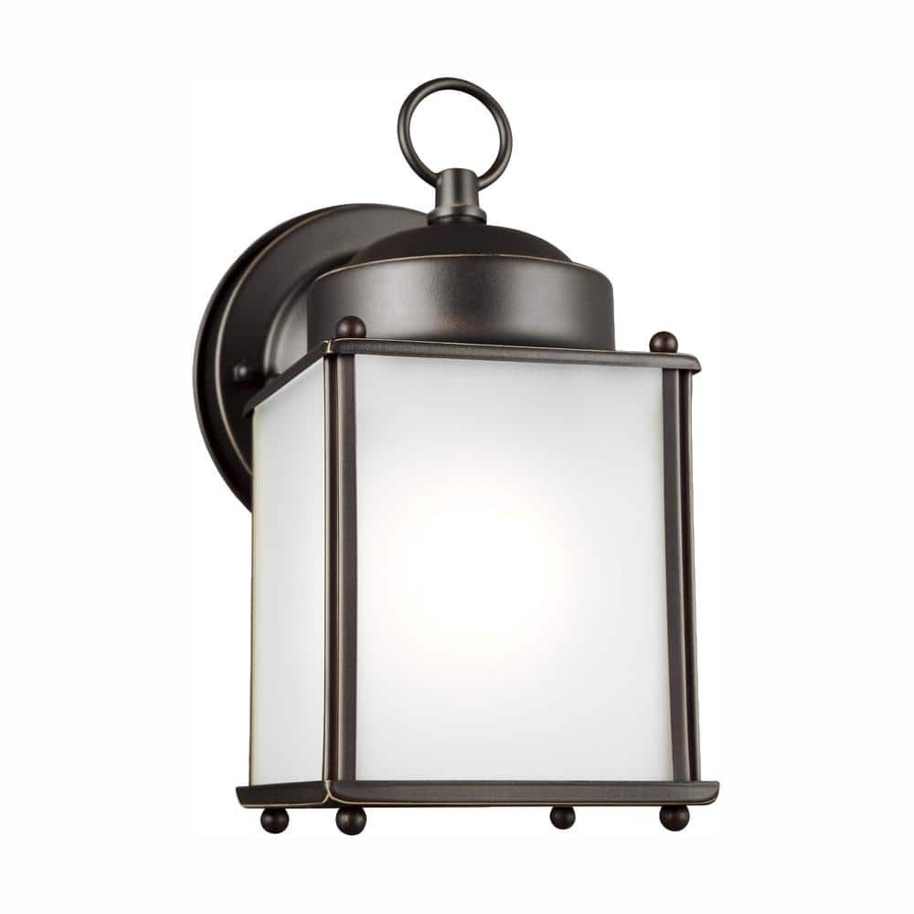 New Castle Petite Bronze Outdoor Wall Lantern with Satin Etched Glass