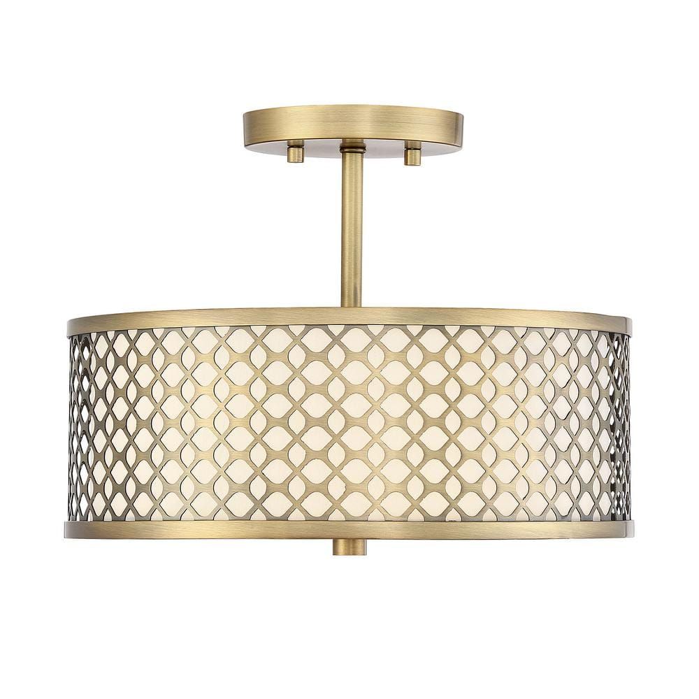 Meridian Elegance 2-Light Natural Brass Ceiling Light with Cream Fabric Shade