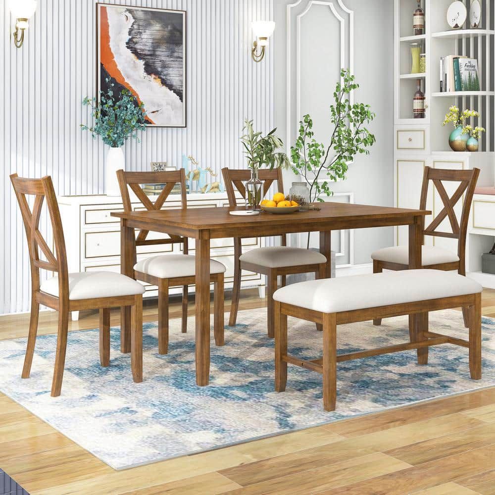 6-Piece Brown Wood Dining Set with Cushioned Chairs and Bench