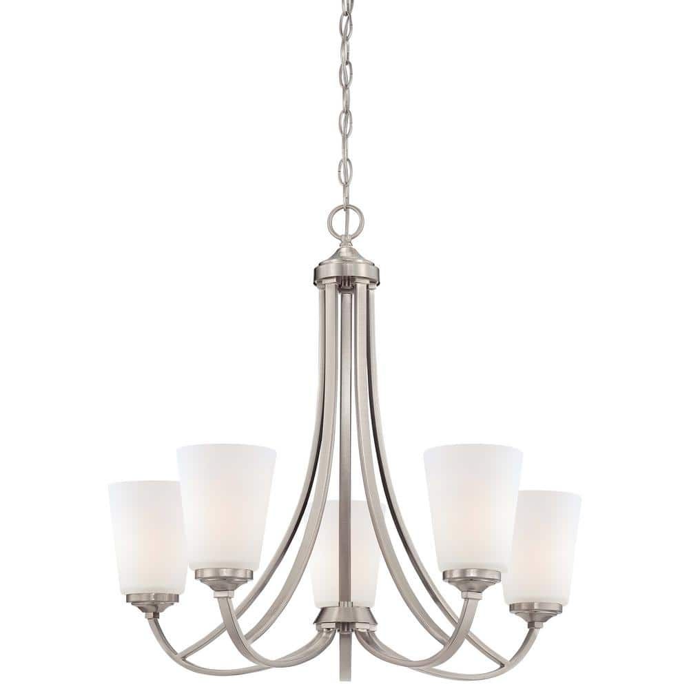 Elegant Mini 5-Light Chandelier in Brushed Nickel with Etched White Glass