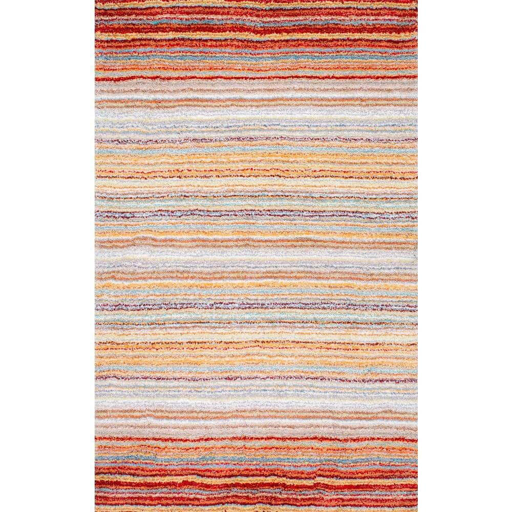 Handmade Red Multi Striped Shag 9' x 12' Area Rug
