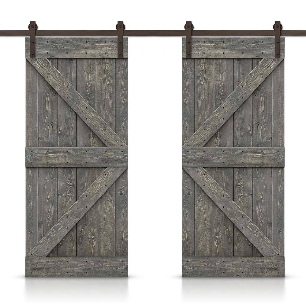84 in Weather Gray Knotty Pine Wood Double Sliding Barn Door with Hardware Kit