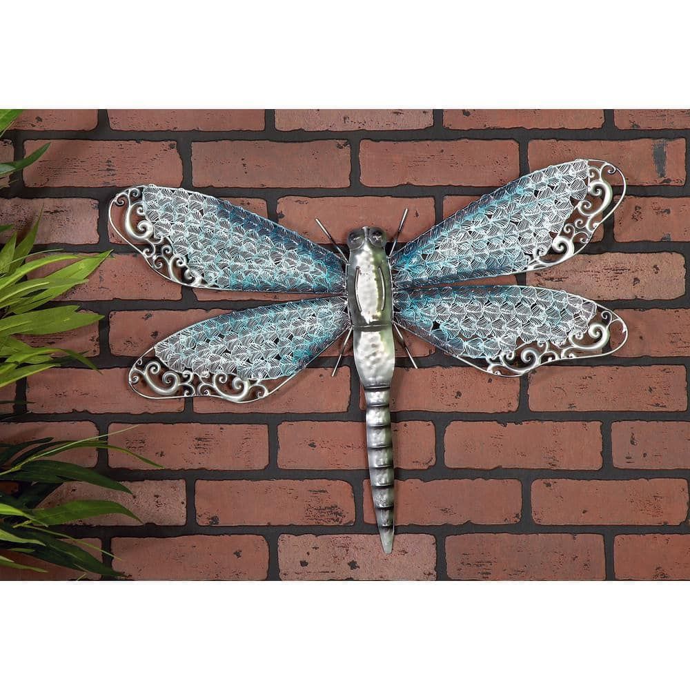 Blue and Grey Metal Dragonfly Wall Sculpture for Indoor/Outdoor