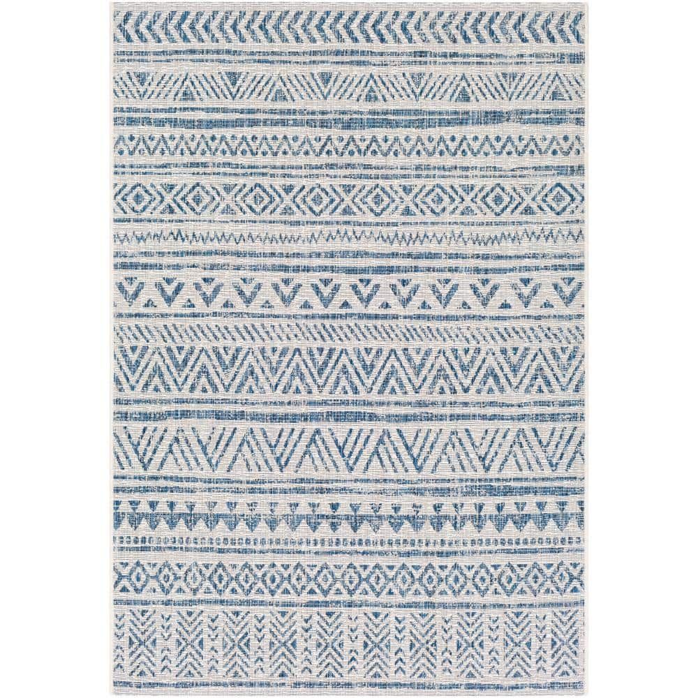 Blue and White Flat Woven Synthetic 10' x 14' Area Rug