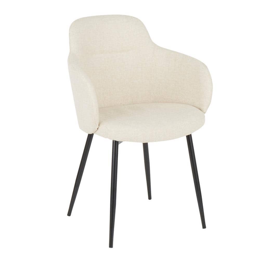 High-Back Cream Upholstered Arm Chair with Black Metal and Cane Accents