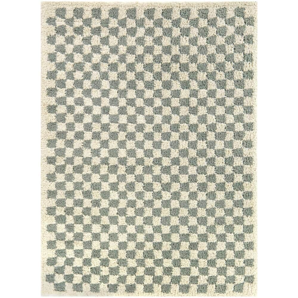 Sage and Gray High Pile Geometric Shag Area Rug, 4' x 6'