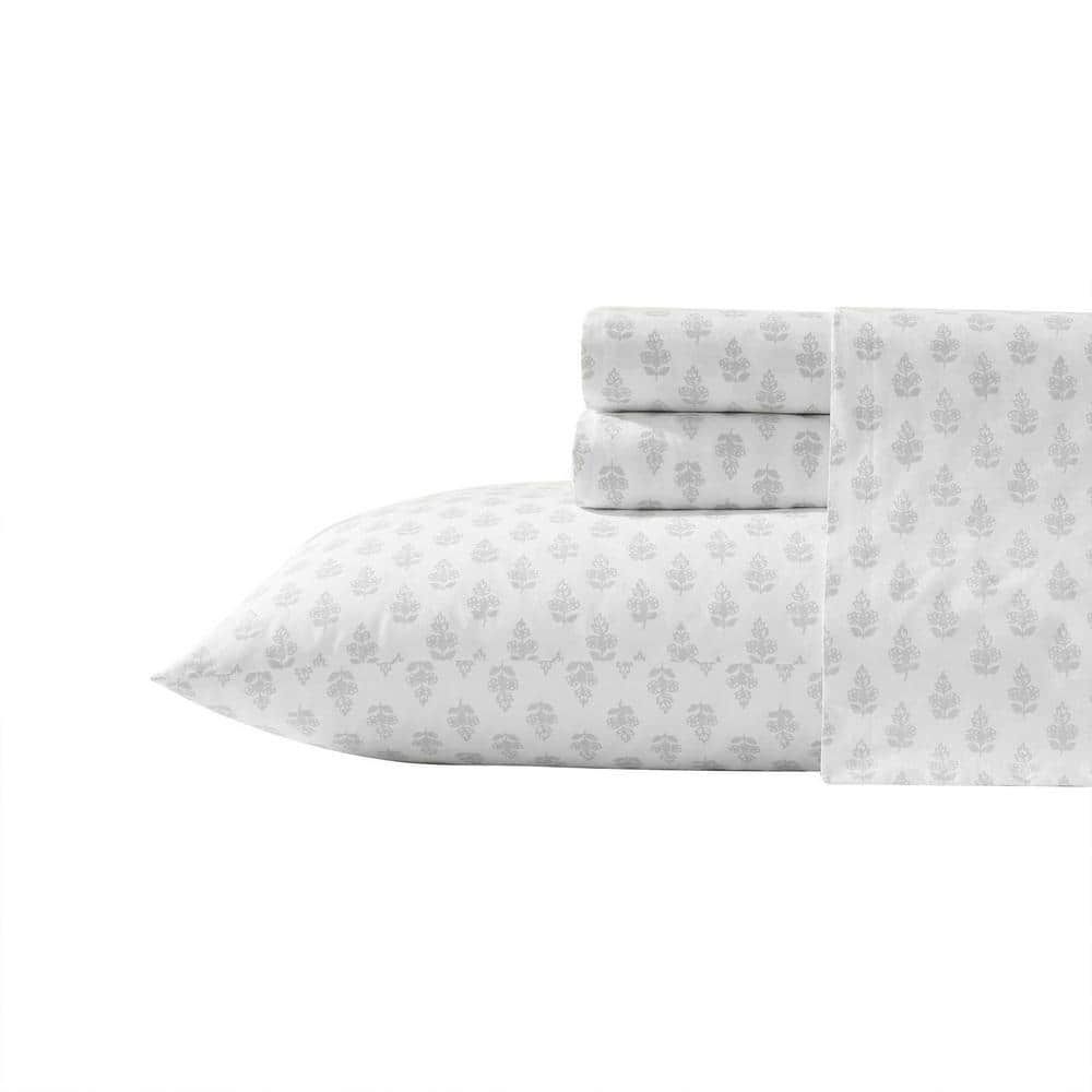 Francesca Grey Floral Cotton Percale Twin Sheet Set