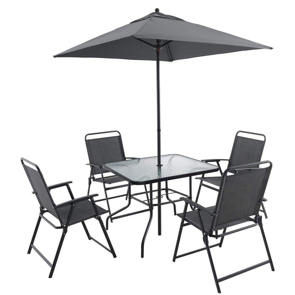 Black Metal Outdoor Patio Dining Set with Umbrella for 4